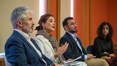 L-R: Sibghatullah Ghaznawi, Hosna Jalil, and Aref Dostyar joined Dipali Mukhopadhyay for a panel discussion.