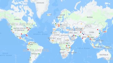 Map of the world, with colored markers indicating locations of employed graduates from SIPA