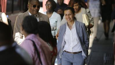 Tiffany Caban walking out of a voting precinct