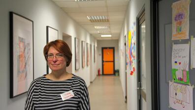 Oksana Kolesnyk is the director of the Warsaw Ukrainian School (SzkoUA), in Warsaw, Poland. She escaped bombings in Chernihiv, Ukraine, with her daughter.  Credit: Emily Johnson/The World