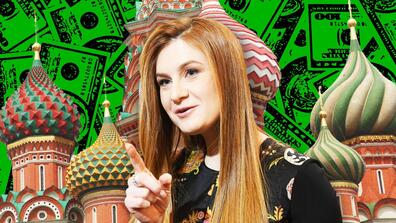 A collage of Maria Butina with the Kremlin and and $100 US banknotes in the background