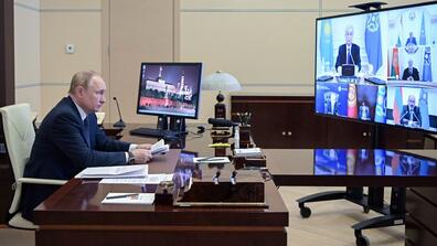 A state media photo of President Vladimir V. Putin attending an emergency meeting on Monday of the Council of the Collective Security Treaty Organization to discuss the situation in Kazakhstan