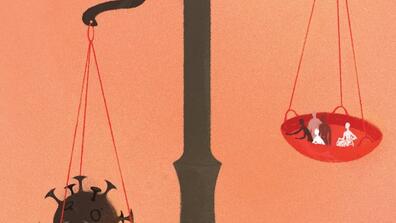 A pair of scales, where one side weighs more because of the virus