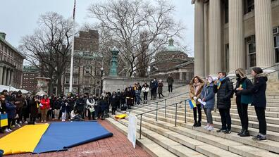 An image from Columbia students' demonstration on Low Steps about the invasion of Ukraine