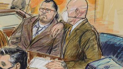 A drawing illustration of a court hearing