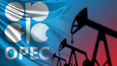 Collage of the OPEC flag and three oil drill pumps