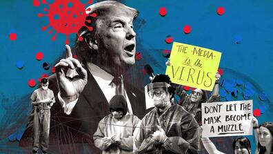 An illustration of President Trump, doctors and nurses, and protesters holding signs related to COVID.