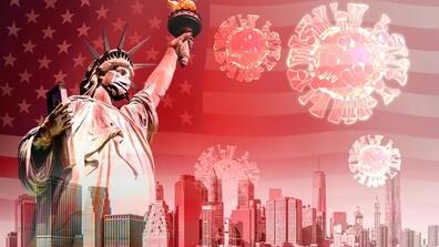 The skyline of New York City silhouetted against the American flag and COVID-19 viruses
