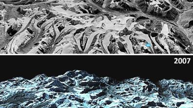 A comparison of images of Himalayan glaciers in 1975 (top) and 2007 (bottom) shows ice cover diminishing.