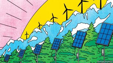 an illustration of wind turbines and solar panels