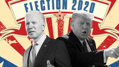 an illustration of Joe Biden and Donald Trump against a colorful backdrop that reads Election 2020