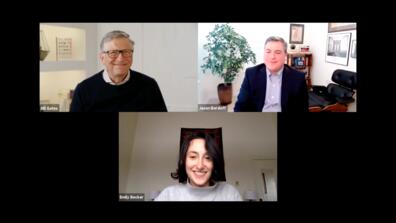 Bill Gates, Jason Bordoff, and Emily Becker on a zoom call