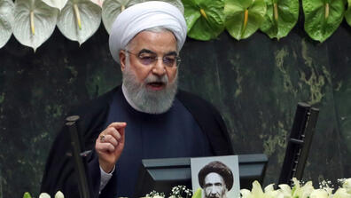 Hassan Rouhani, the president of Iran, gives a speech.