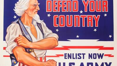 a U.S. army poster reads "defend your country, enlist now"