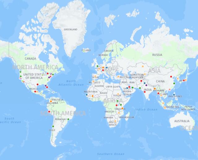 Map of the world, with colored markers indicating locations of employed graduates from SIPA