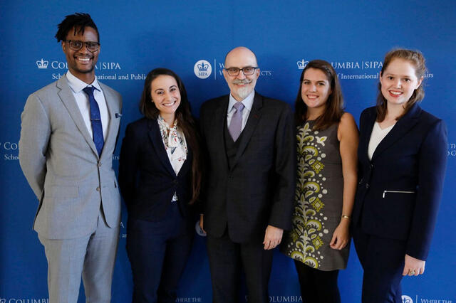 Professor Jason Healey joins winning students CJ Dixon, Caitlin Strawder, Claire Teitelman, and Katherine Kirk.
