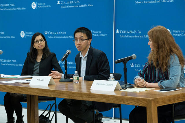Panelists Elora Mukherjee, Van C. Tran, and Charlotte Gossett Navarro