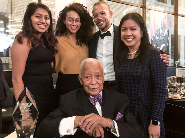 Mayor David Dinkins was joined by current students (from left) Divya Sundaram, Hadiya Housepian, Joshua Elder, and Katarina Mayers.