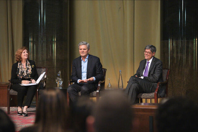 Dean Merit E. Janow, investor Steve Case, and former U.S. Treasury Secretary Jacob Lew