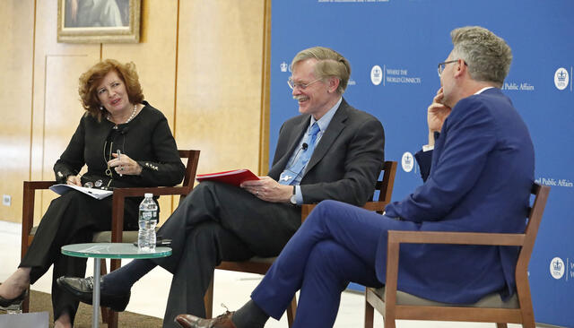 From left: Dean Merit E. Janow, Robert Zoellick, Adam Tooze